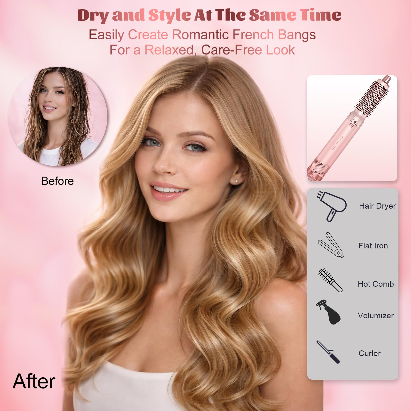 5 in 1 Hair Styler for Woman, Air Curling Wrap, Drying, Curling, Straightening & Volumizing, Hot Air Curler Dryer Brush Tool Set, Curl Styling Tools - Blush Halalzen