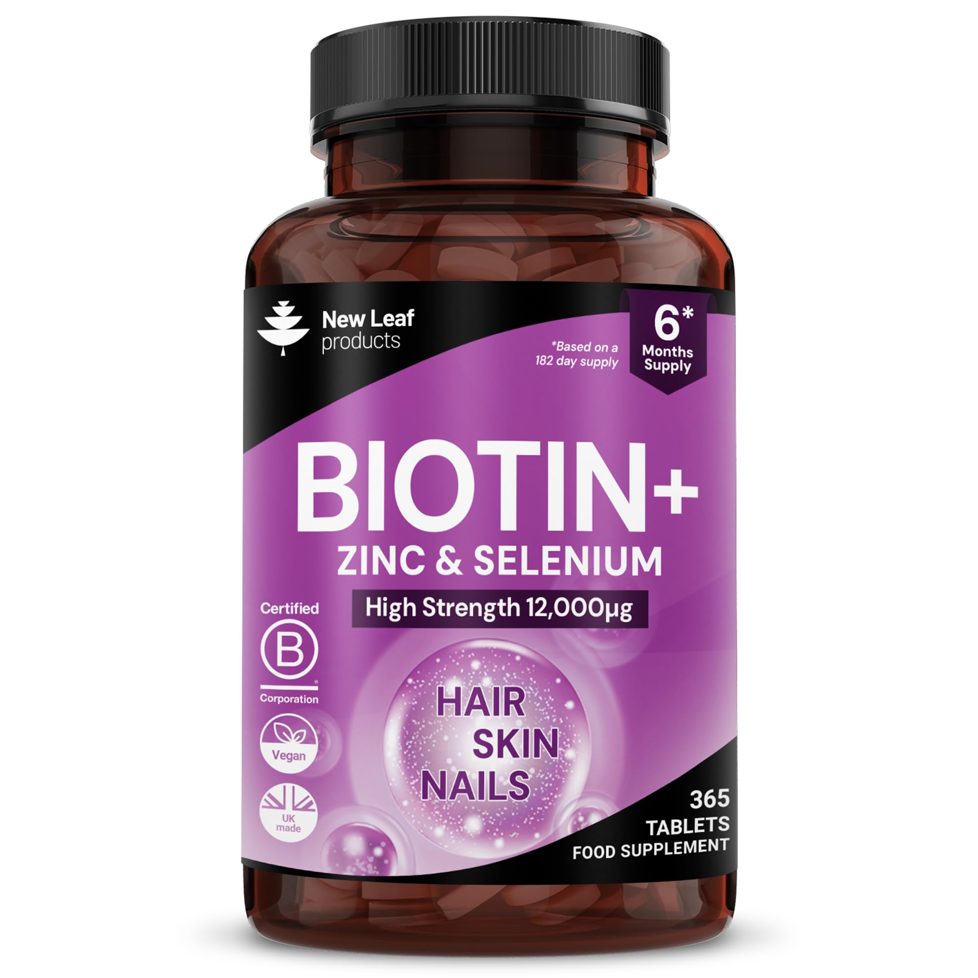 Biotin Hair Growth Vitamins 12,000mcg D-Biotin Tablets Enriched with Zinc & Selenium –Vegan Beauty Hair Skin & Nails Vitamins for Women and Men High Strength - 3 Months Supply UK Made - New Leaf