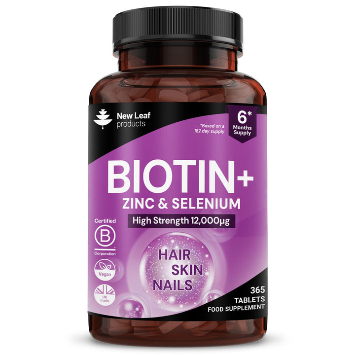 Biotin Hair Growth Vitamins 12,000mcg D-Biotin Tablets Enriched with Zinc & Selenium –Vegan Beauty Hair Skin & Nails Vitamins for Women and Men High Strength - 3 Months Supply UK Made - New Leaf