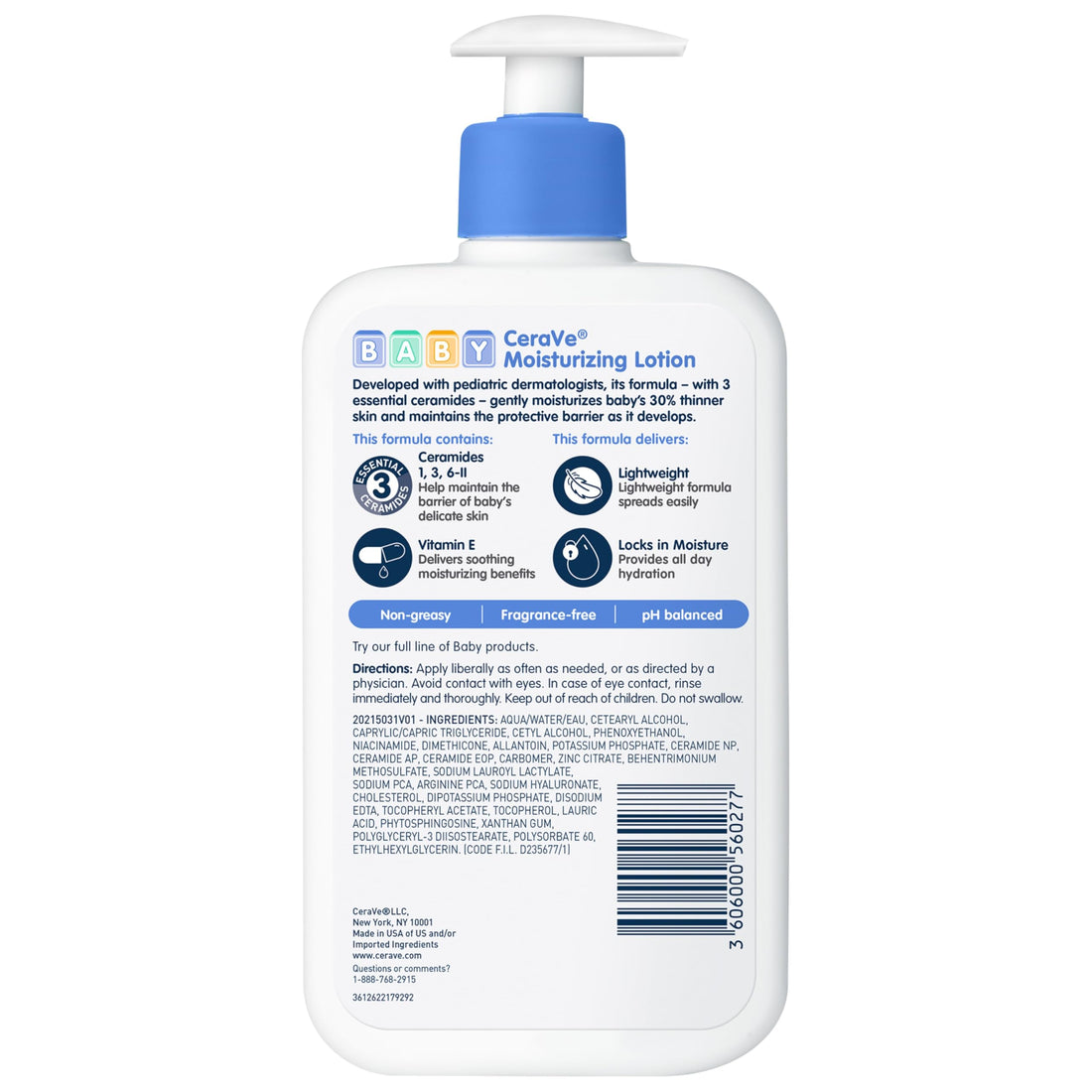 CeraVe Baby Lotion, Gentle Baby Skin Care with Ceramides, Niacinamide & Vitamin E, Fragrance, Paraben, Dye & Phthalates Free, Lightweight Moisturizer, 16 Ounce Halalzen