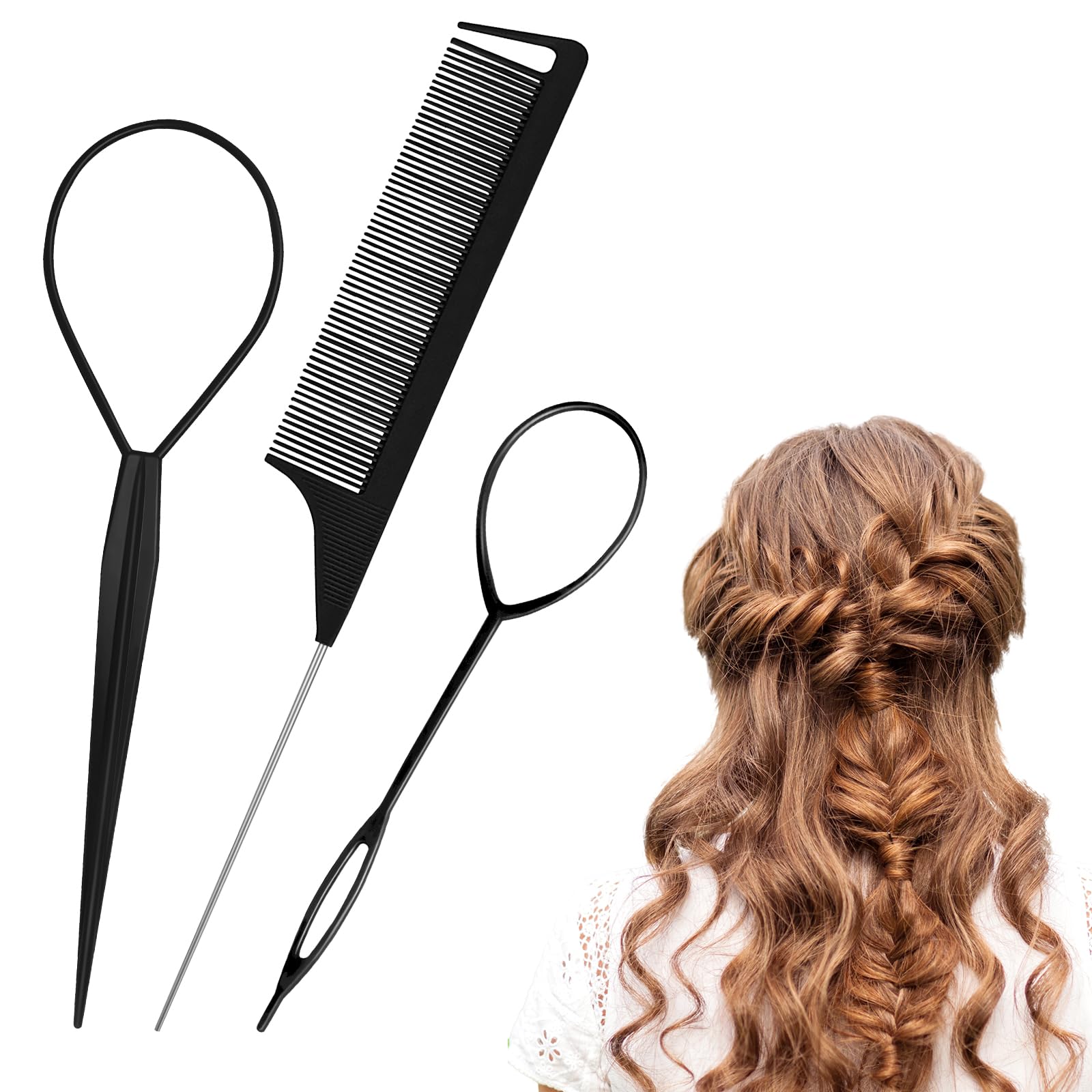 3pcs Topsy Tail Hair Tool, Hair Looping Tool Hair Braiding Tool with Rat Tail Comb, Tail French Braid Loop Tool, Fast Hair Styling Accessories, Hair Braiding Tool for Making Hair Style Halalzen