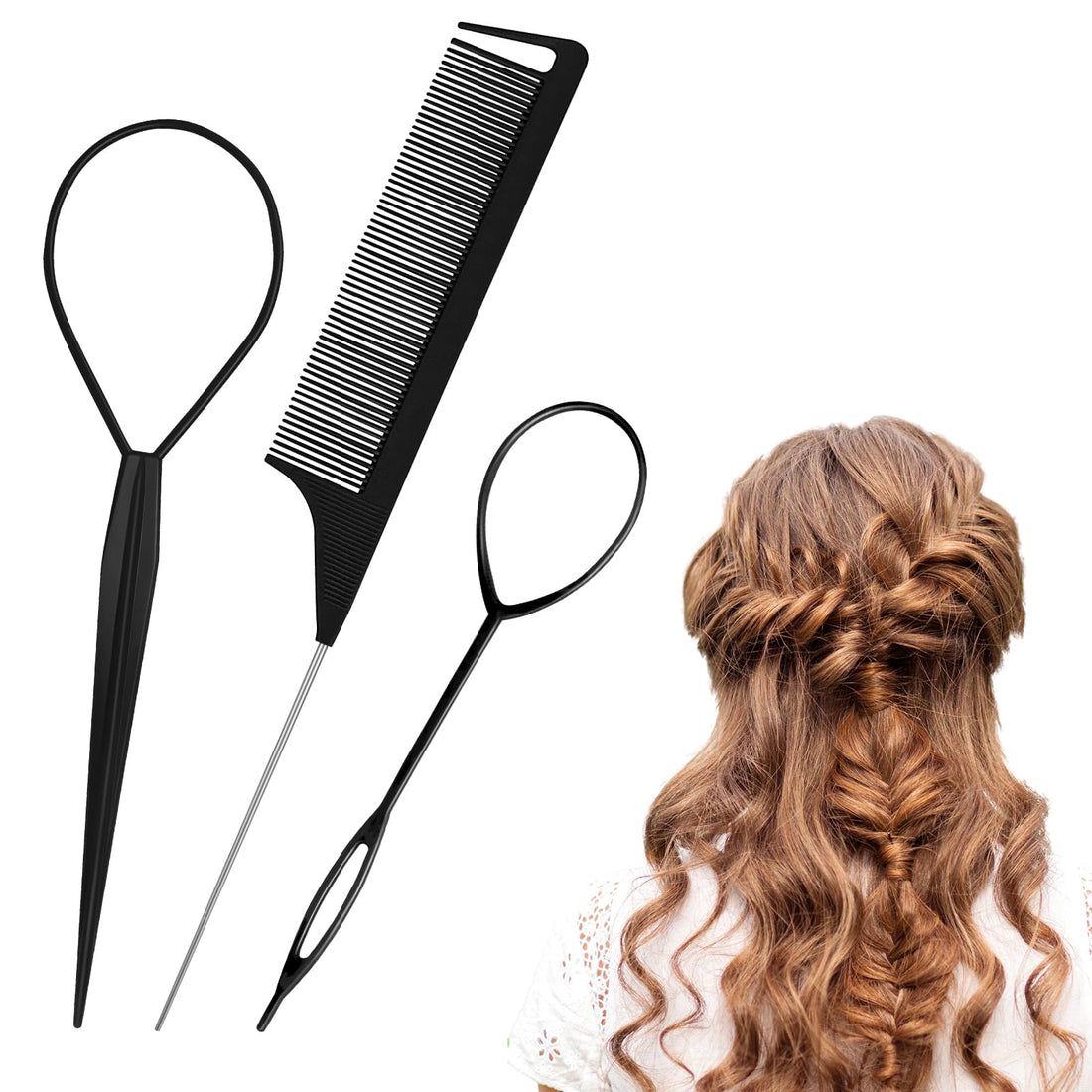 3pcs Topsy Tail Hair Tool, Hair Looping Tool Hair Braiding Tool with Rat Tail Comb, Tail French Braid Loop Tool, Fast Hair Styling Accessories, Hair Braiding Tool for Making Hair Style Halalzen