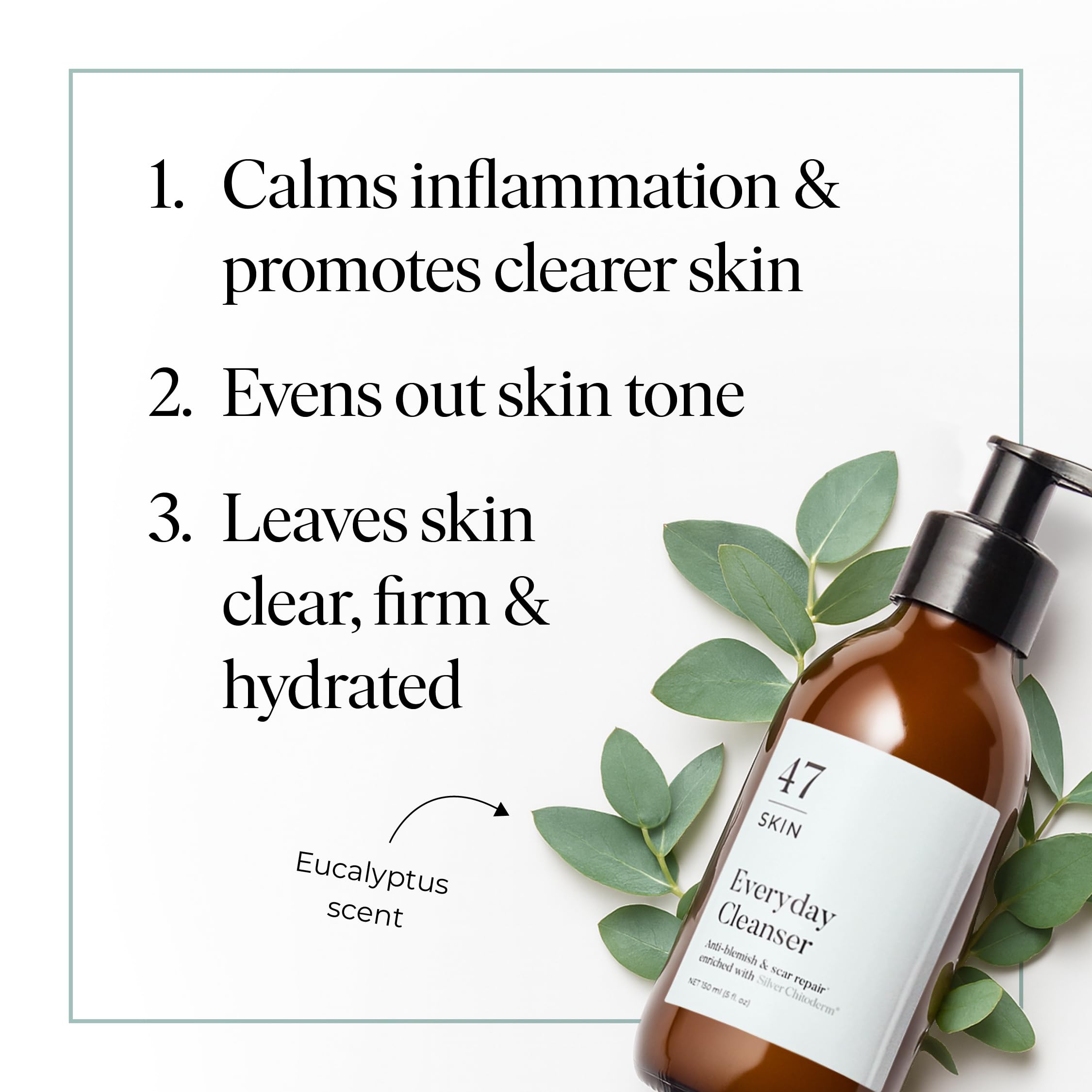 47 Skin | Anti Blemish and Scar Repair Everyday Face Cleanser | Silver Chitoderm Cleanser for Smoother and Clearer Skin | Eucalyptus Scent (150ml)