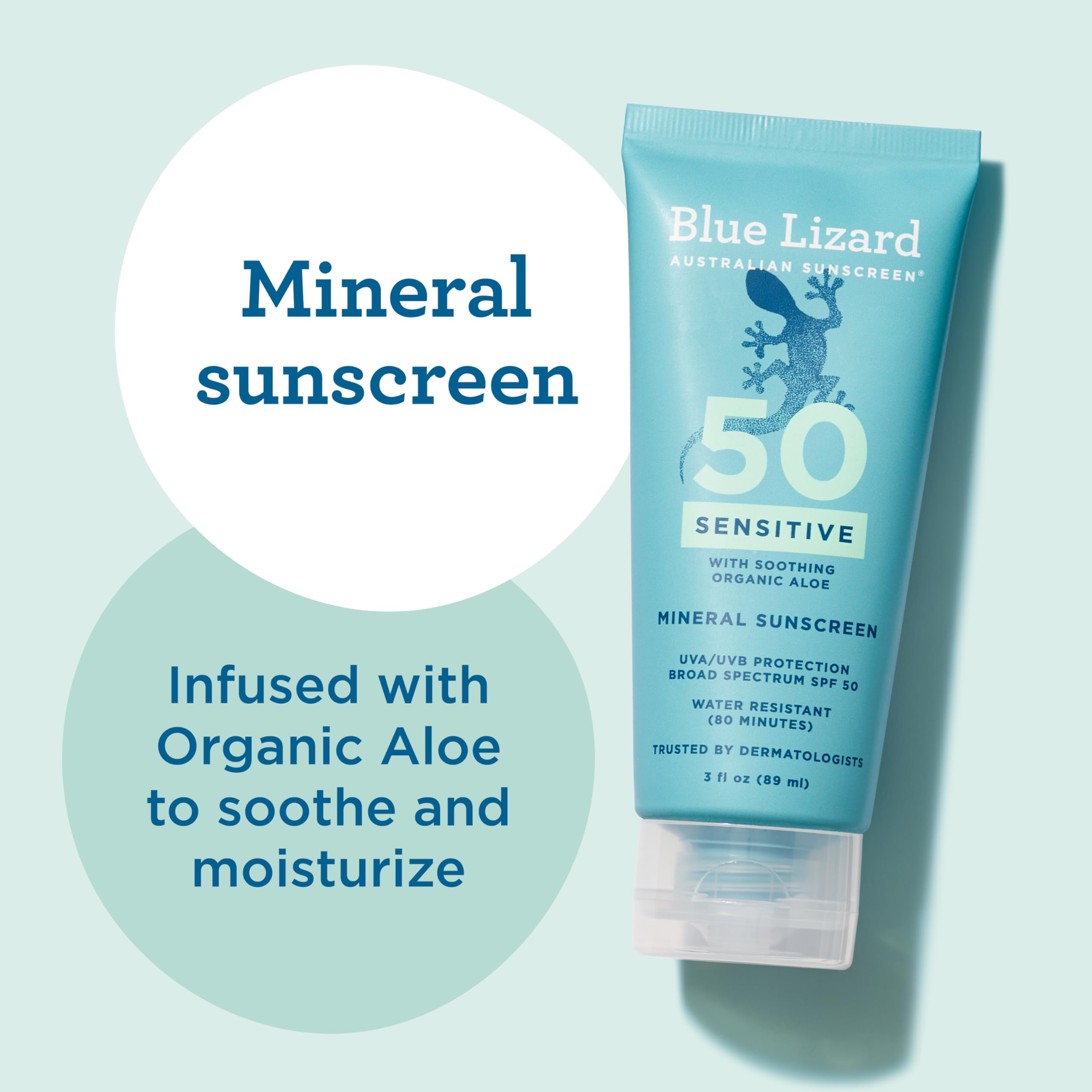Blue Lizard Sensitive Mineral SPF 50 Sunscreen Lotion, 100% Mineral Sunscreen, UVA/UVB Protection, Infused with organic Aloe Vera, Soothes and Hydrates, 5 fl oz Halalzen
