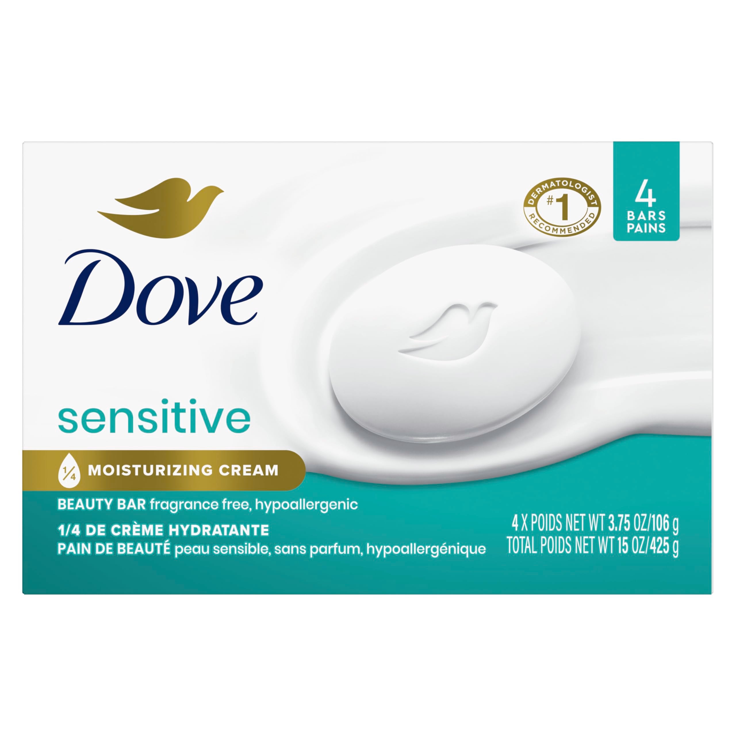 Dove Beauty Bar Soap Sensitive, 8 Bars for Sensitive Skin, Fragrance Free and Hypoallergenic 3.75 oz