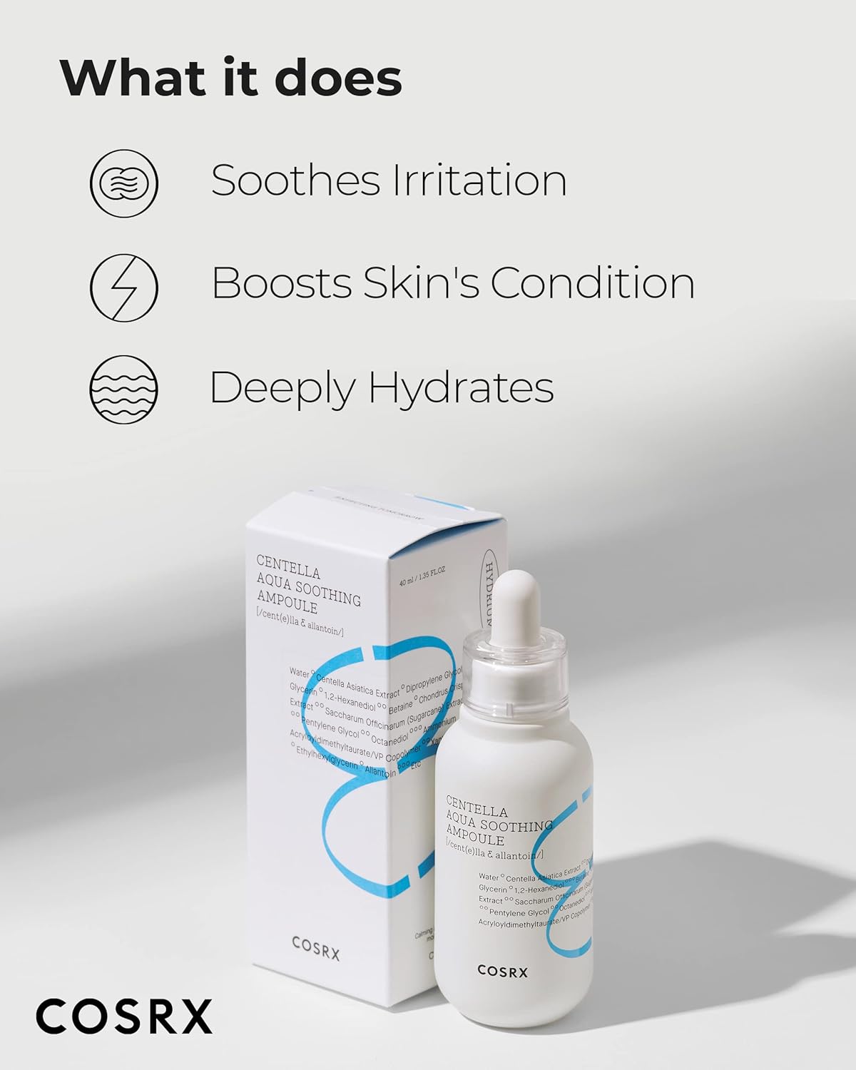 COSRX Hydrium Centella Aqua Soothing Ampoule | 40ml/1.35 fl.oz | Centella Asiatica (Cica) 42% Lightweight Facial Moisturiser Essence | Daily Serum | Korean Skin Care, Animal Testing Free, Paraben Free