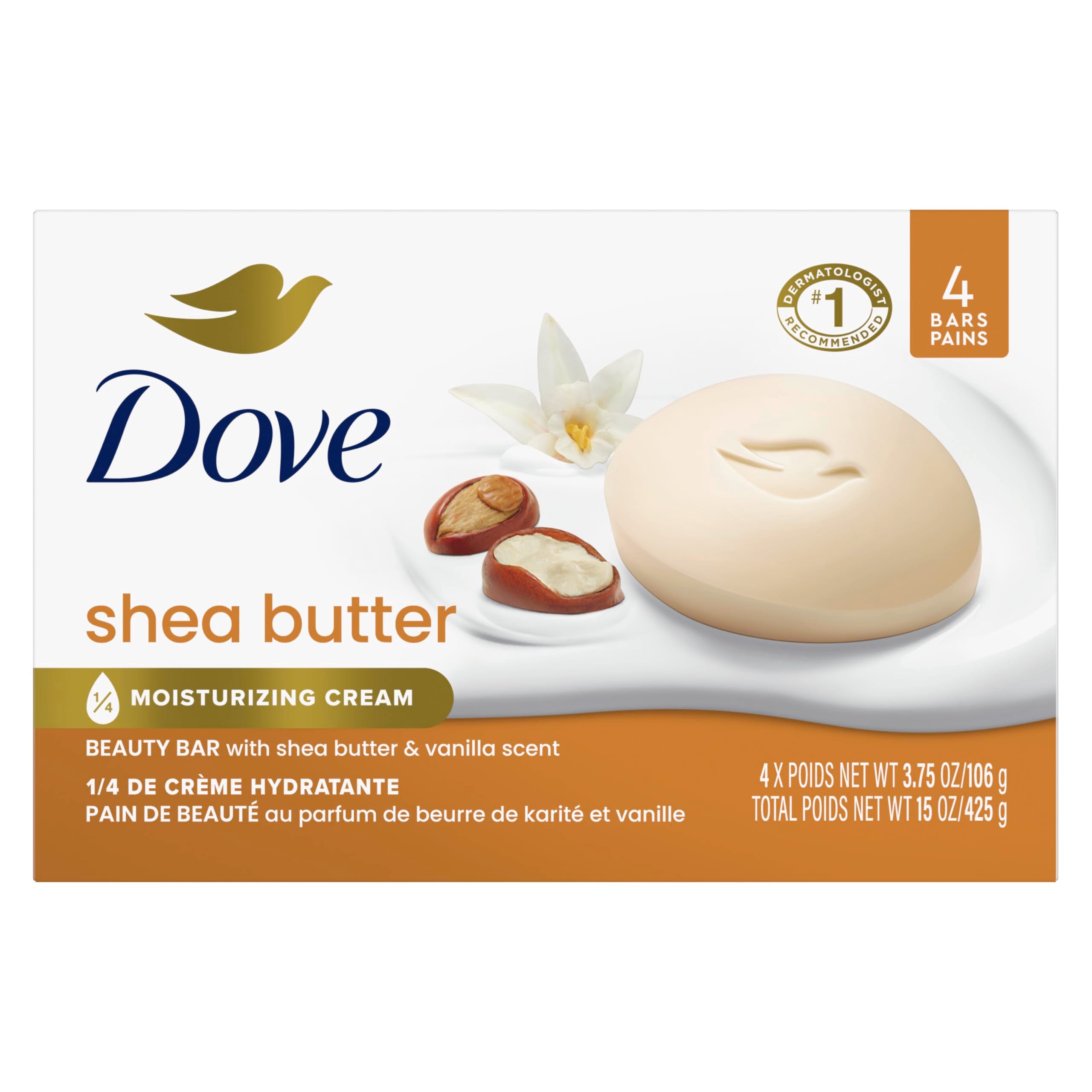 Dove Beauty Bar Soap Shea Butter, 8 Bars for Nourished, Radiant Skin, Enriches Skin 3.75 oz