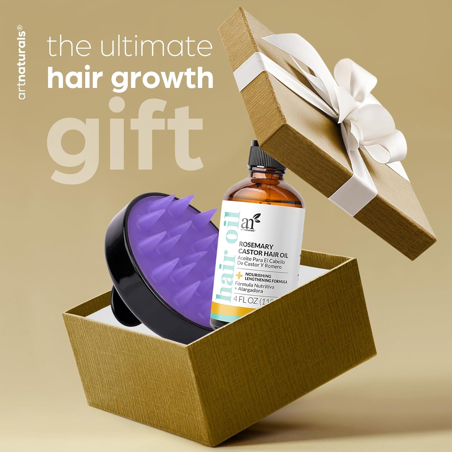 Artnaturals Organic Rosemary Castor Hair Oil + Massager Hair Growth Set Huile de croissance capillaire 120 ml avec huile de noix de coco et d'olive pour cheveux secs, abîmés et pointes fourchues