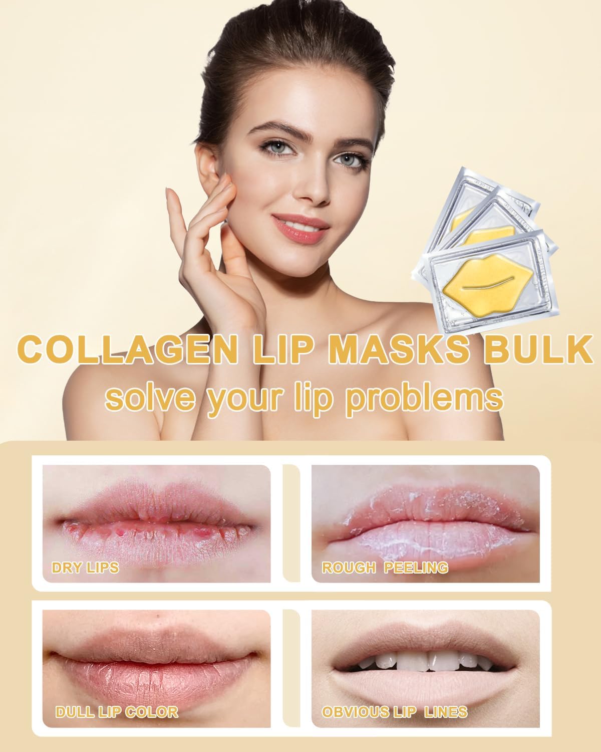 Golden Collagen Flake Lip Mask 20 Pieces,Multifunctional Lip Care for Luscious Lips,24K Gold Bulk Lip Masks Individually Wrapped,Hydration,Anti Wrinkle,Fade Lip Darkening,Soothing Nourishing Halalzen