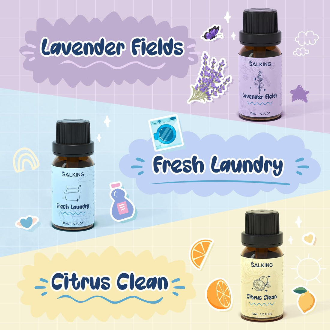 SALKING Essential Oils Set, 100% Pure Fragrance Oil AromatherapyGift, Premium Scented Oils for Diffusers 6 x 10 ML - Lavender, Rose, Jasmine, Cherry Blossom, Gardenia, Chamomile, Pink