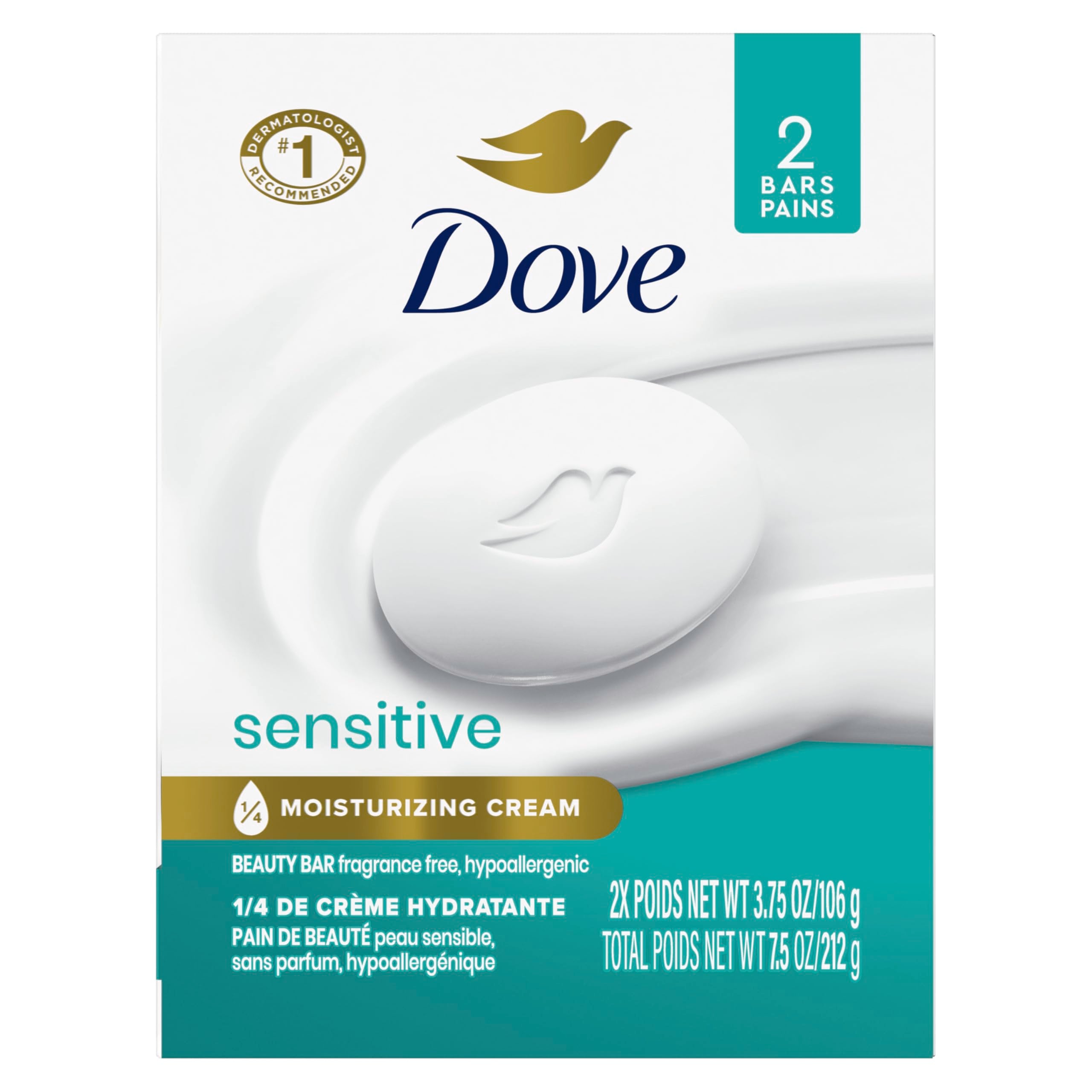 Dove Beauty Bar Soap Sensitive, 8 Bars for Sensitive Skin, Fragrance Free and Hypoallergenic 3.75 oz
