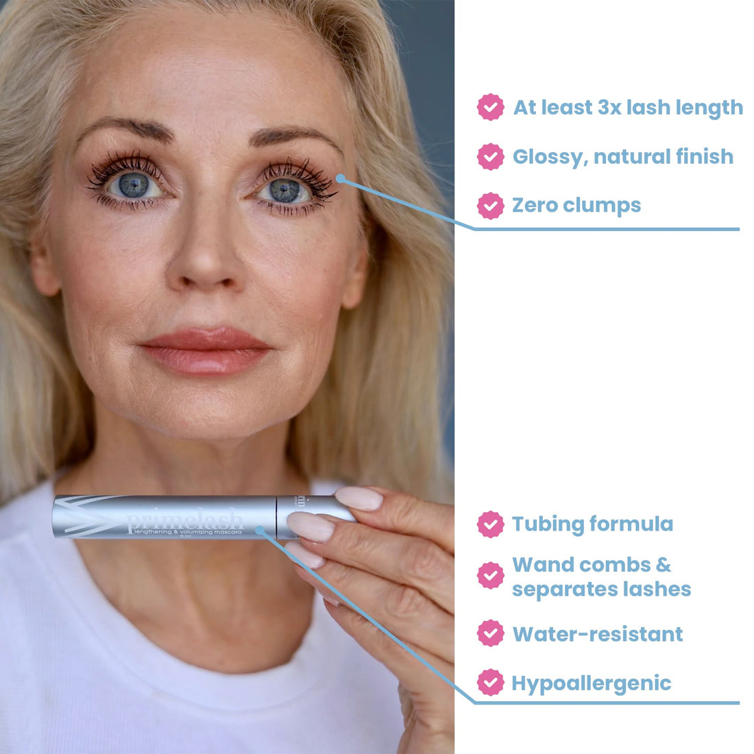 Prime Prometics PrimeLash Mascara for Older Women – Volumizing, Incredible Length in 2 Coats – Long-Stay, Zero Clumps, Hypoallergenic (Black)