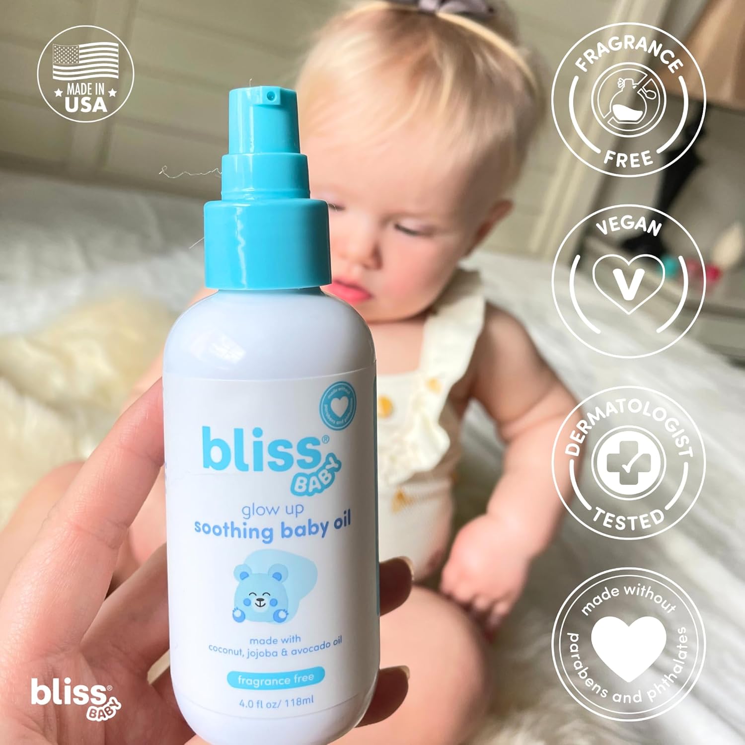 Bliss Baby Oil, All Natural, Premium & Unscented, Vegan - Made with Organic Avocado Oil, Coconut Oil, Dermatologist Tested, Soothing & Hydrating Baby Massage Oil, Travel Size 4 fl. Oz. Halalzen