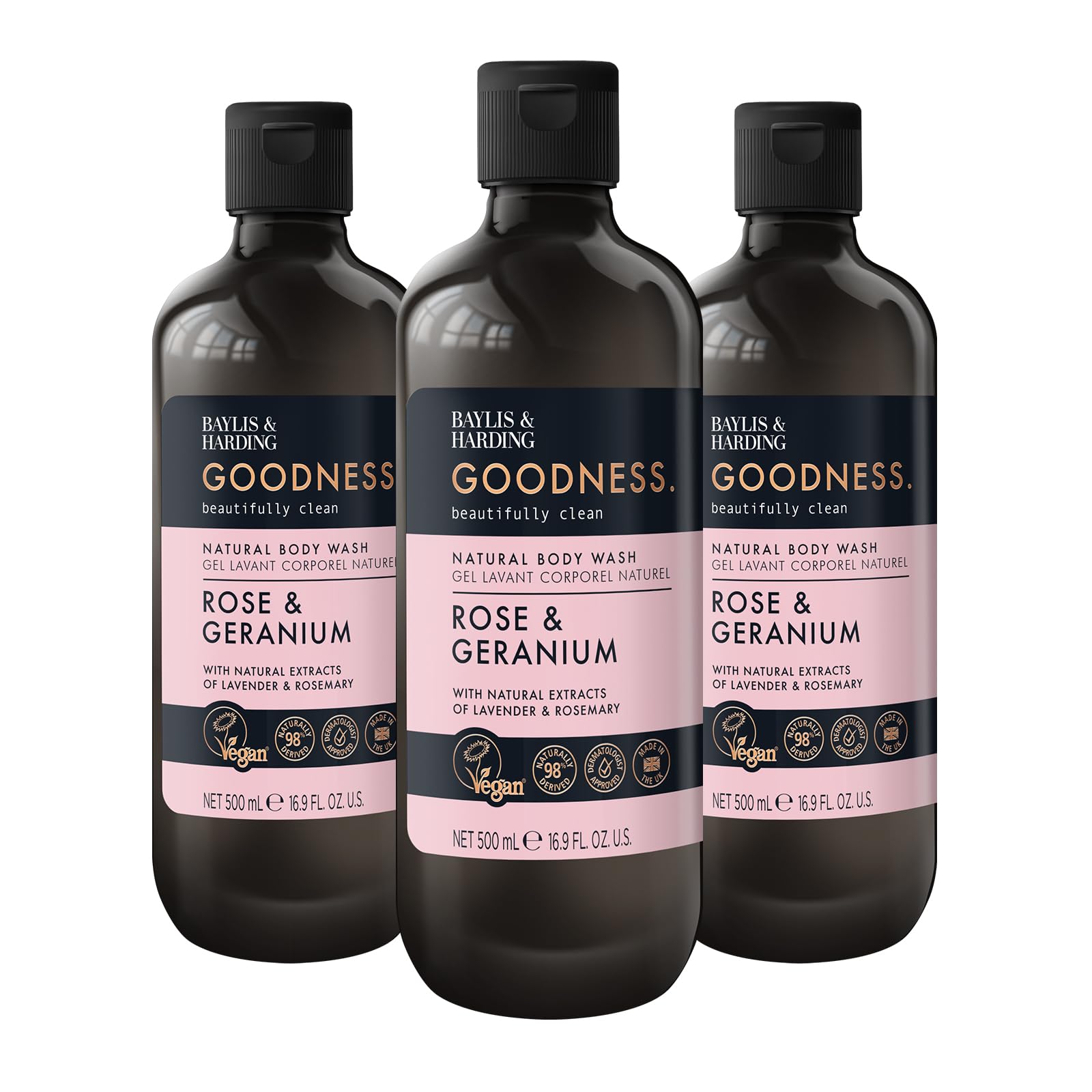 Baylis & Harding Goodness Rose & Geranium Natural Body Wash, 500 ml (Pack of 3) - Vegan Friendly