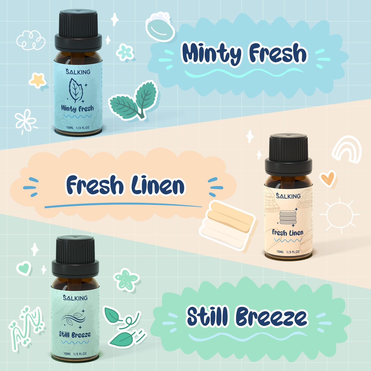 SALKING Essential Oils Set, 100% Pure Fragrance Oil AromatherapyGift, Premium Scented Oils for Diffusers 6 x 10 ML - Lavender, Rose, Jasmine, Cherry Blossom, Gardenia, Chamomile, Pink
