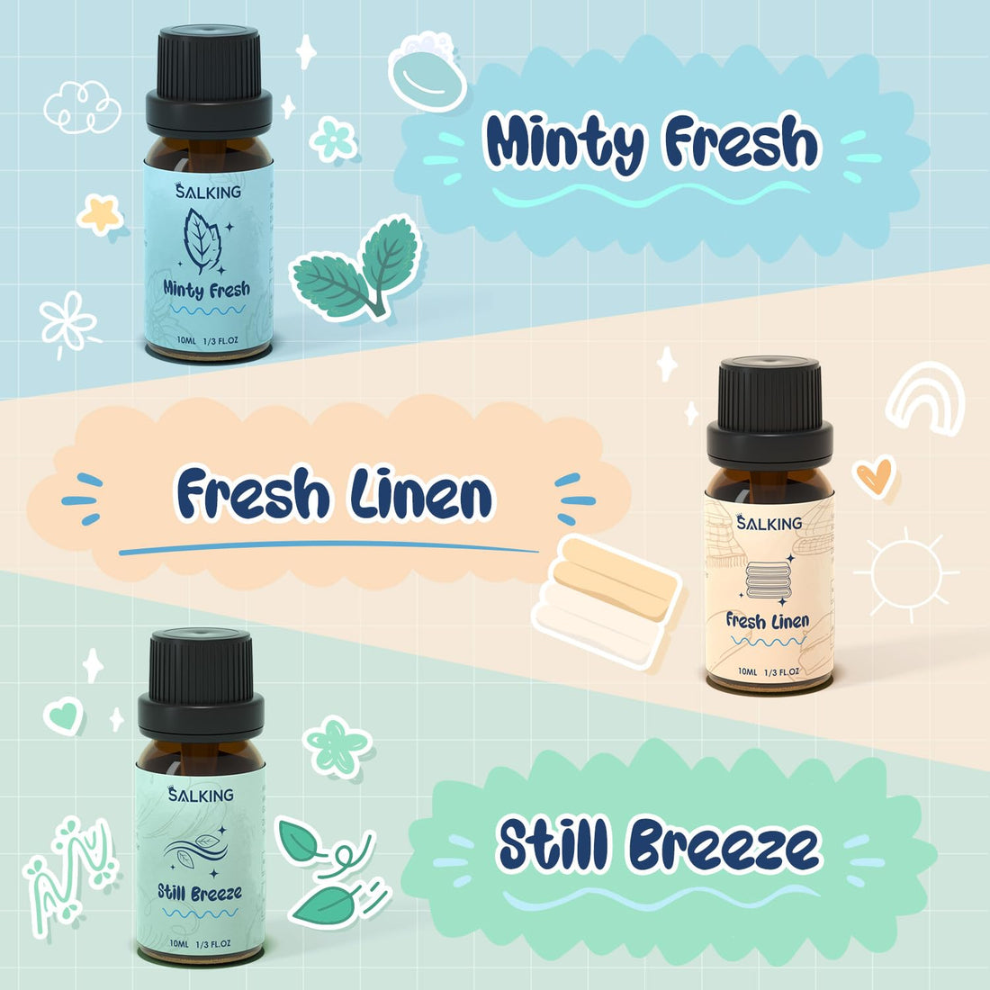 SALKING Essential Oils Set, 100% Pure Fragrance Oil AromatherapyGift, Premium Scented Oils for Diffusers 6 x 10 ML - Lavender, Rose, Jasmine, Cherry Blossom, Gardenia, Chamomile, Pink