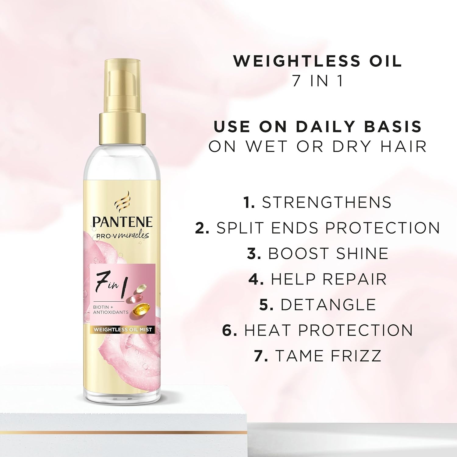 Pantene 7-in-1 Weightless Hair Oil Mist with Biotin 145ml. Pro V Miracles Hairspray Helps to Strengthen Hair Against Styling Damage & Protects Against Split Ends. Tames Frizz & Smells Refreshing