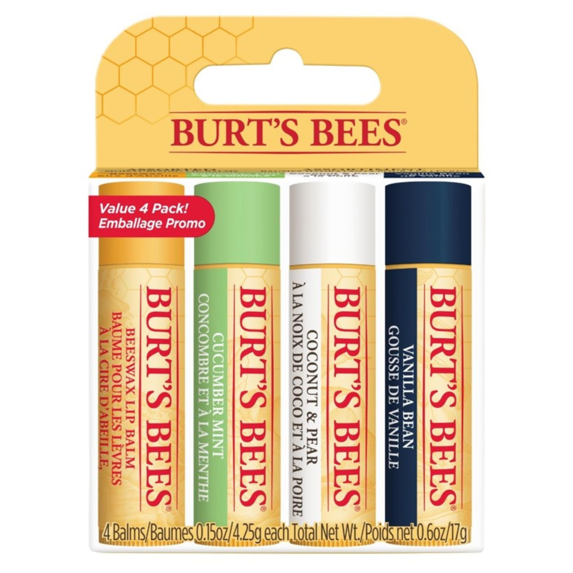 Burt's Bees Lip Balm Multipack, Lip Balm Set, Beeswax, Strawberry, Coconut & Pear, Vanilla Bean, Best of Burt's, 4x4.25g Halalzen