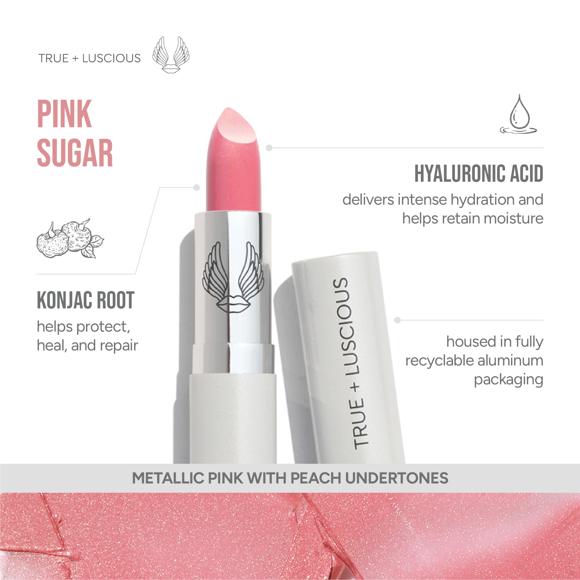 True + Luscious Super Moisture Lipstick | Sheer Cream Lip Color for Lasting Hydration | Hyaluronic Acid Konjac Root Powder | Vegan Cruelty-Free Gluten-Free Flatters All Skin Tones | Pink Sugar