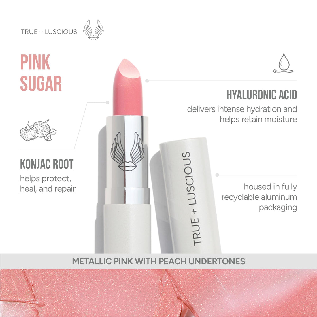 True + Luscious Super Moisture Lipstick | Sheer Cream Lip Color for Lasting Hydration | Hyaluronic Acid Konjac Root Powder | Vegan Cruelty-Free Gluten-Free Flatters All Skin Tones | Pink Sugar