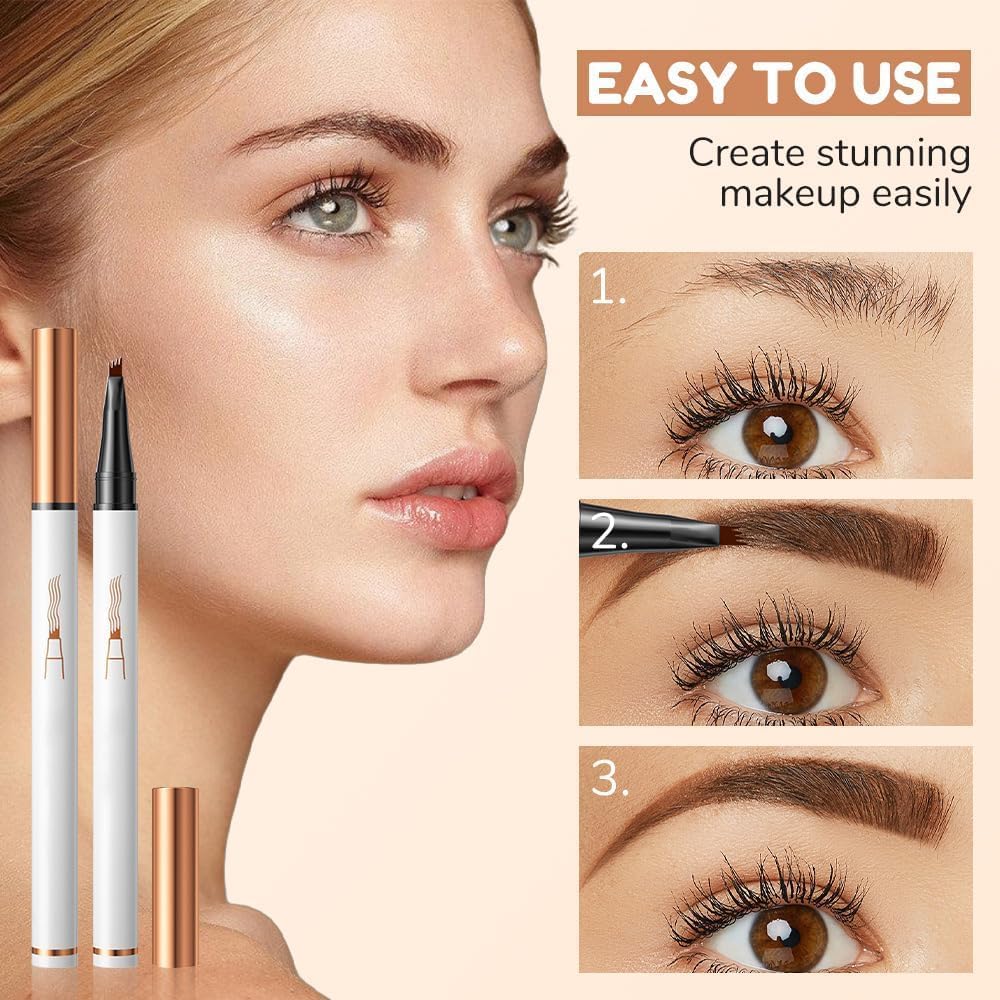 2 Pcs Microblading Eyebrow Pencil, 3D Waterproof 4-Tip Eyebrow Pen, Natural Makeup Long-Lasting Fine Stroke Magic Brow Pencil for Women Stay on All Day (Dark Brown(2 Pcs))