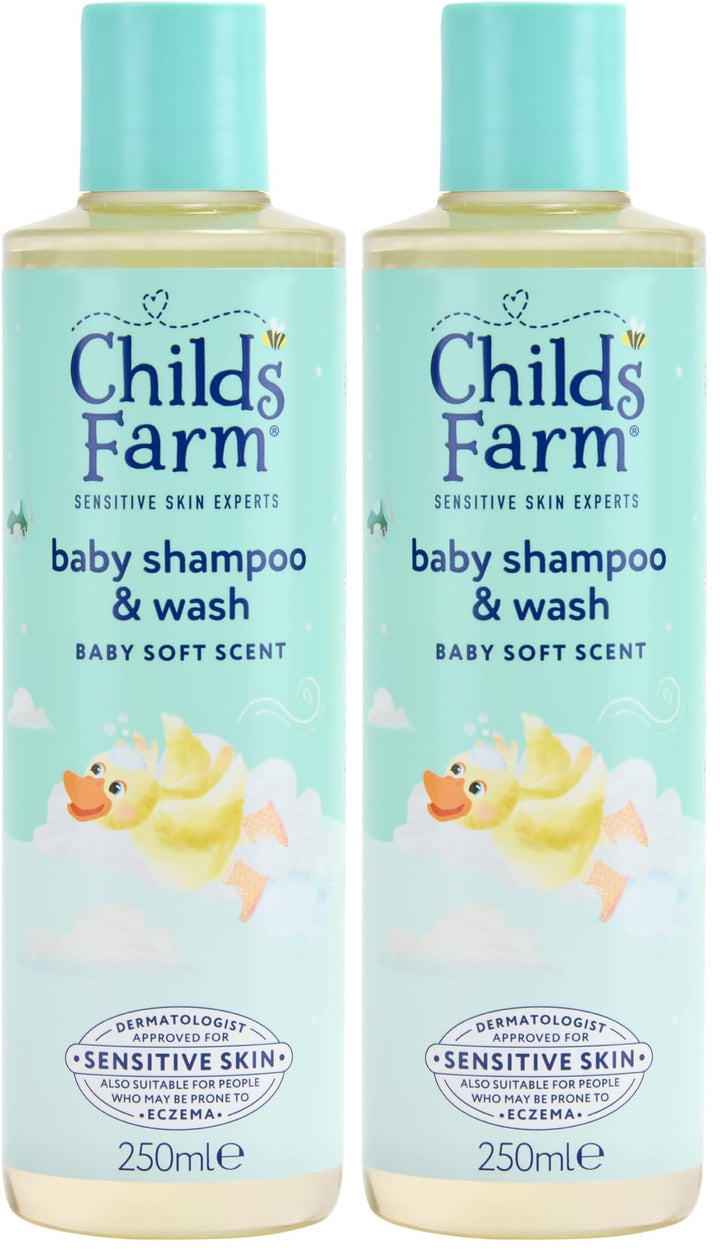 Childs Farm Baby Shampoo & Body Wash, Baby Soft Scent, Tear-free | Gently Cleanses & Soothes | Suitable for Newborns with Dry, Sensitive Skin, 250ml