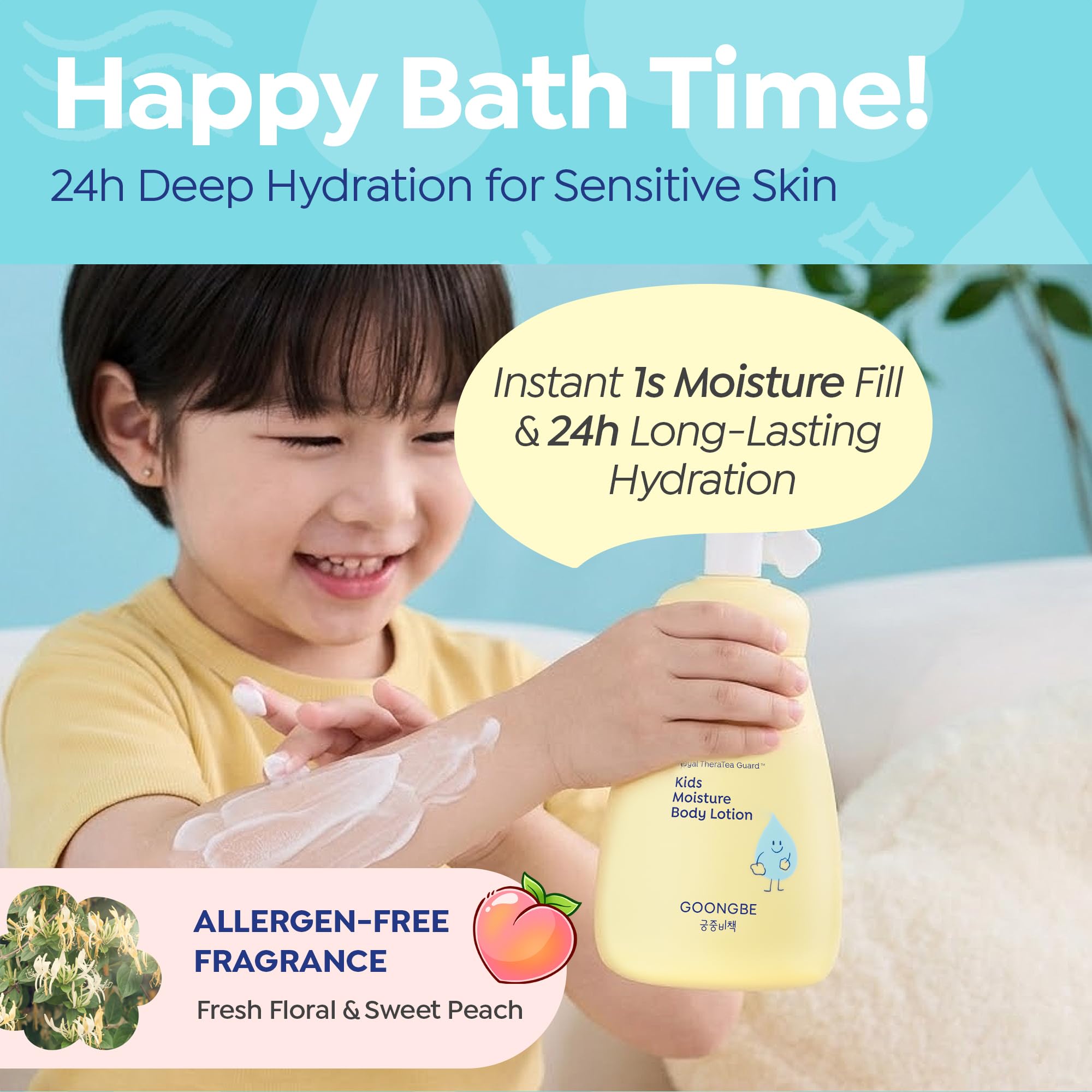 GOONGBE Kids Moisture Body Lotion – 24hr Hydrating Daily Moisturizer for Dry Sensitive Skin – Triple Lipid Complex (Ceramide, Squalane, Cica) – Fast-Absorb Non-Sticky, Allergen-Free 8.45oz