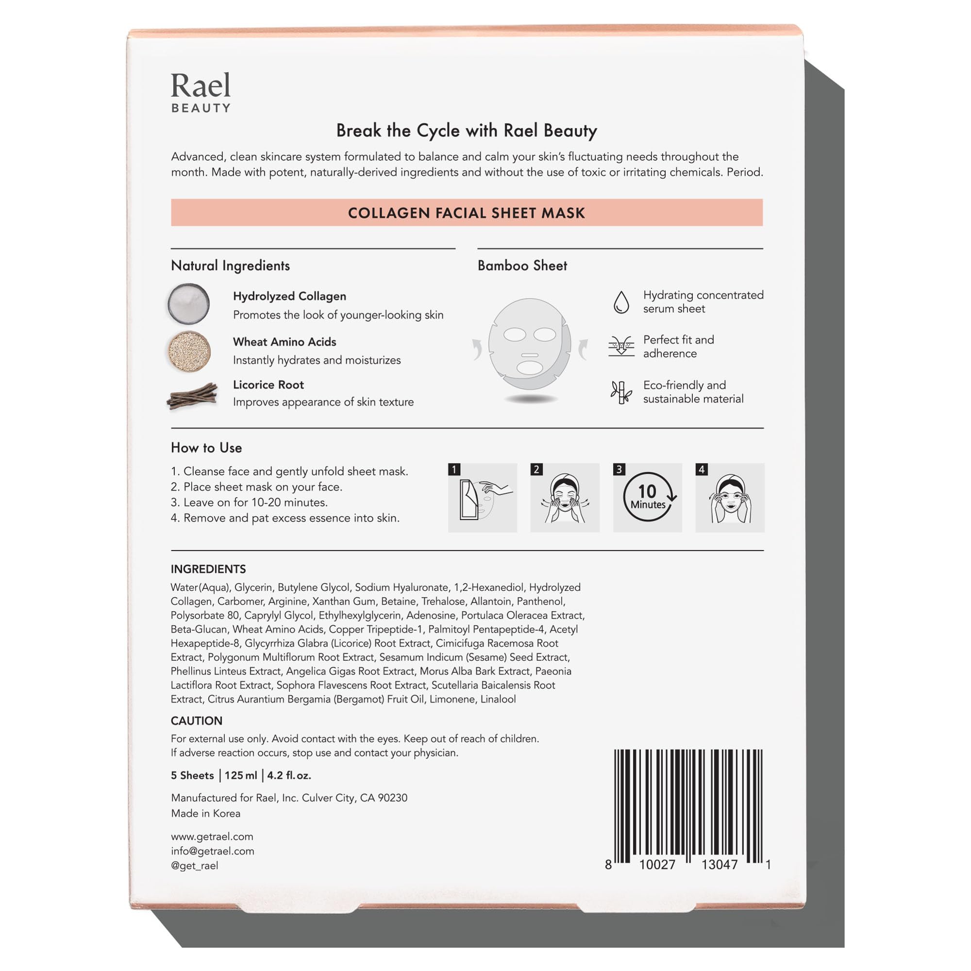 Rael Beauty Collagen + PDRN Face Masks - Korean Skincare for Glass Skin, Smoothing, Salmon PDRN & Hydrolyzed Collagen & Hyaluronic Acid, Anti-Slip Grip, Fragrance & PEGs & Cruelty Free (4 Sheets)