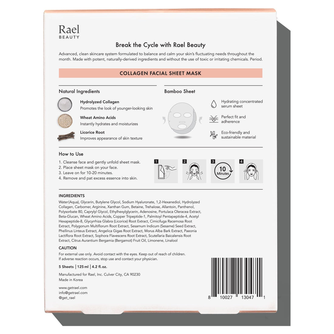 Rael Beauty Collagen + PDRN Face Masks - Korean Skincare for Glass Skin, Smoothing, Salmon PDRN & Hydrolyzed Collagen & Hyaluronic Acid, Anti-Slip Grip, Fragrance & PEGs & Cruelty Free (4 Sheets)