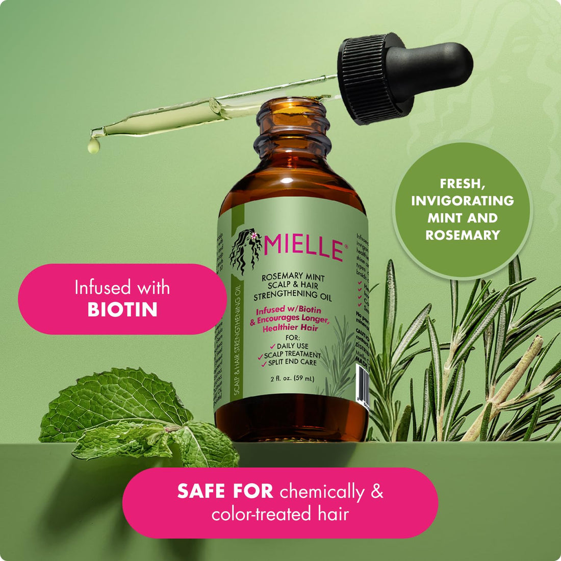 Huile capillaire Mielle Organics Romarin & Menthe - Huile fortifiante à la biotine pour cheveux abîmés et crépus - Traitement pointes fourchues et cuir chevelu sec pour des mèches plus longues et plus saines, 59 ml