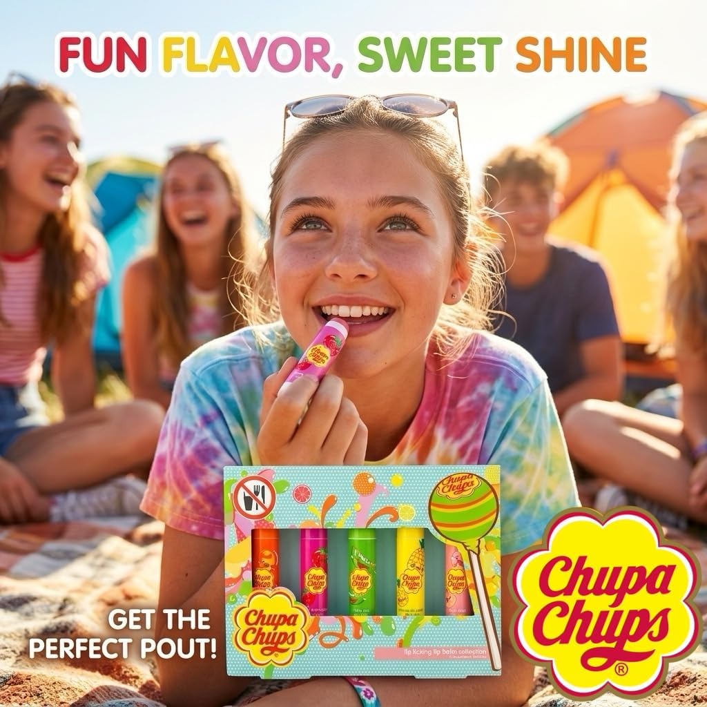 Chupa Chups Lip Licking Lip Balm Collection, 5 Assorted Flavors: Orange Pop, Strawberry Swirl, Melon Mix, Pineapple Punch, and Peach Pulp - Fun, Flavored Lip Care Gift Set for Kids and Adults Halalzen