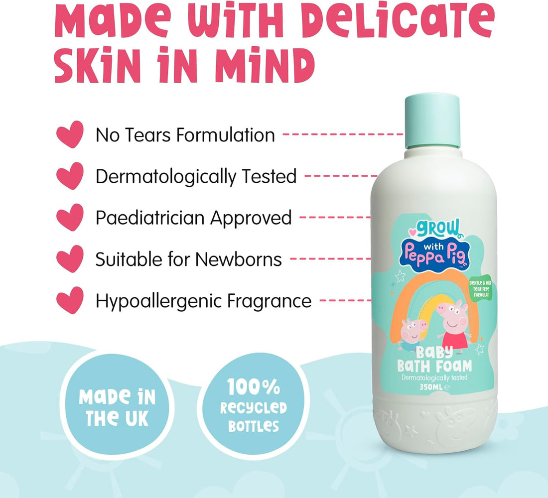 Peppa Pig Bathtime Fun Bundle - 350mlx3 - Coconut & Grape Baby Wash, Peach & Oat Milk Kids Shampoo and Peach & Oat Milk Bubble Bath & Baby Wash - Hypoallergenic & Dermatologically Approved