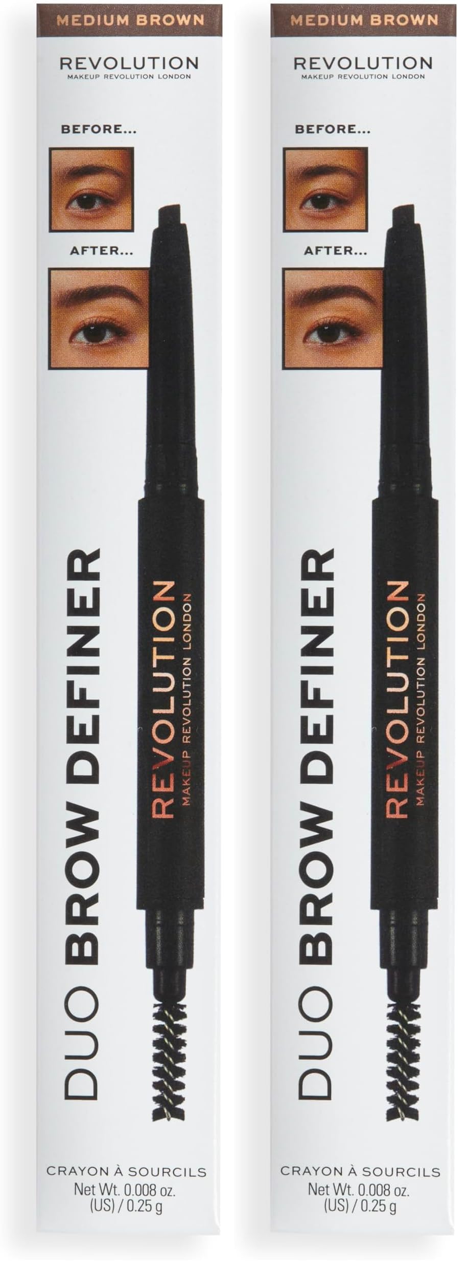 Makeup Revolution Duo Brow Definer Pencil, Add Definition, Includes Brush, Medium Brown