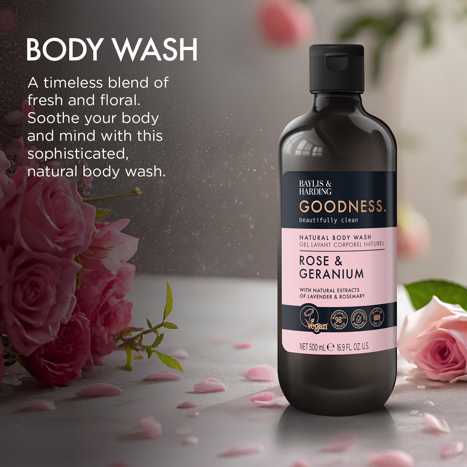 Baylis & Harding Goodness Rose & Geranium Natural Body Wash, 500 ml (Pack of 3) - Vegan Friendly