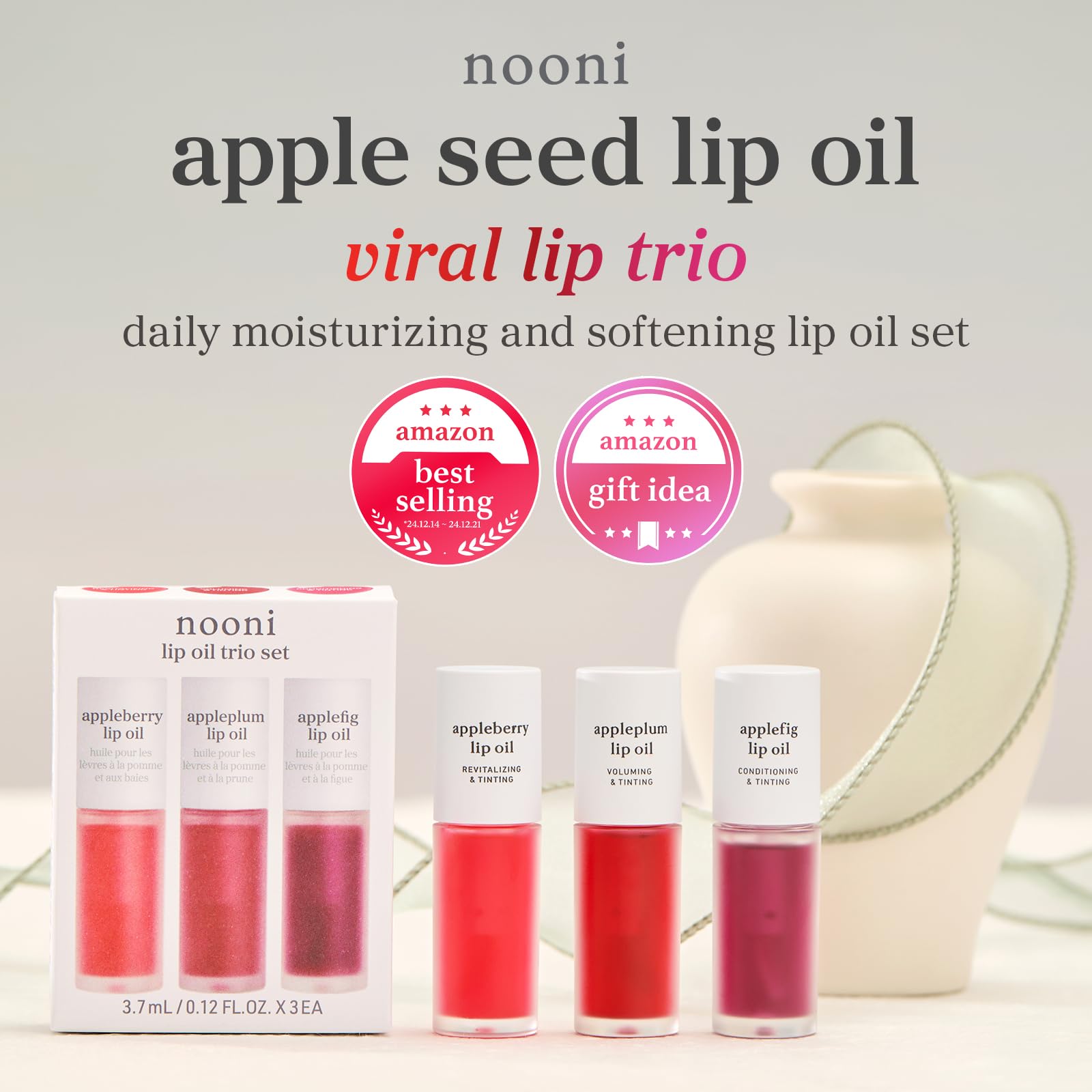 NOONI Korean Lip Oil - Applepeony | Long-Lasting, Moisturizing, Plumping, Revitalizing for Dry Lips, Waterproof, No Peel Off, Hydrating Lip Stain, Stocking Stuffers, Cute Stuff, 0.12 FL Oz Halalzen