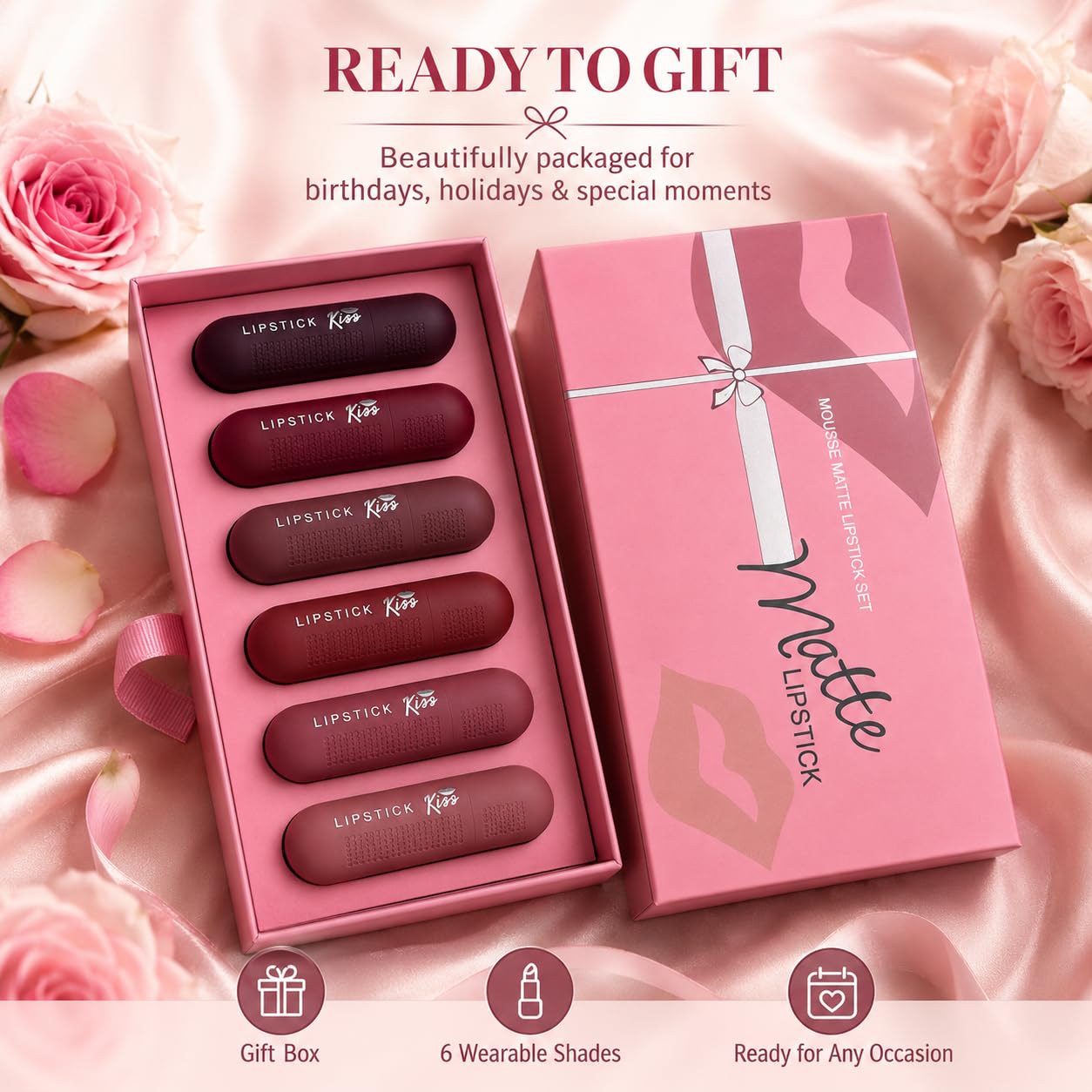 6Pcs Red Velvet Matte Lipstick Set, High Pigmented Long-Lasting Waterproof Lip Stick Lip, Sheer tint, Shine & Glowy Finish,Stain Makeup Gift Sets Halalzen