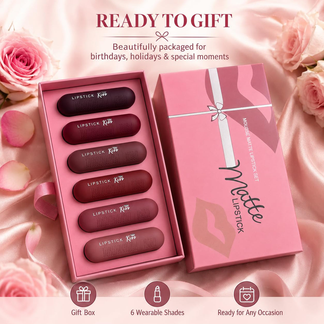 6Pcs Red Velvet Matte Lipstick Set, High Pigmented Long-Lasting Waterproof Lip Stick Lip, Sheer tint, Shine & Glowy Finish,Stain Makeup Gift Sets Halalzen