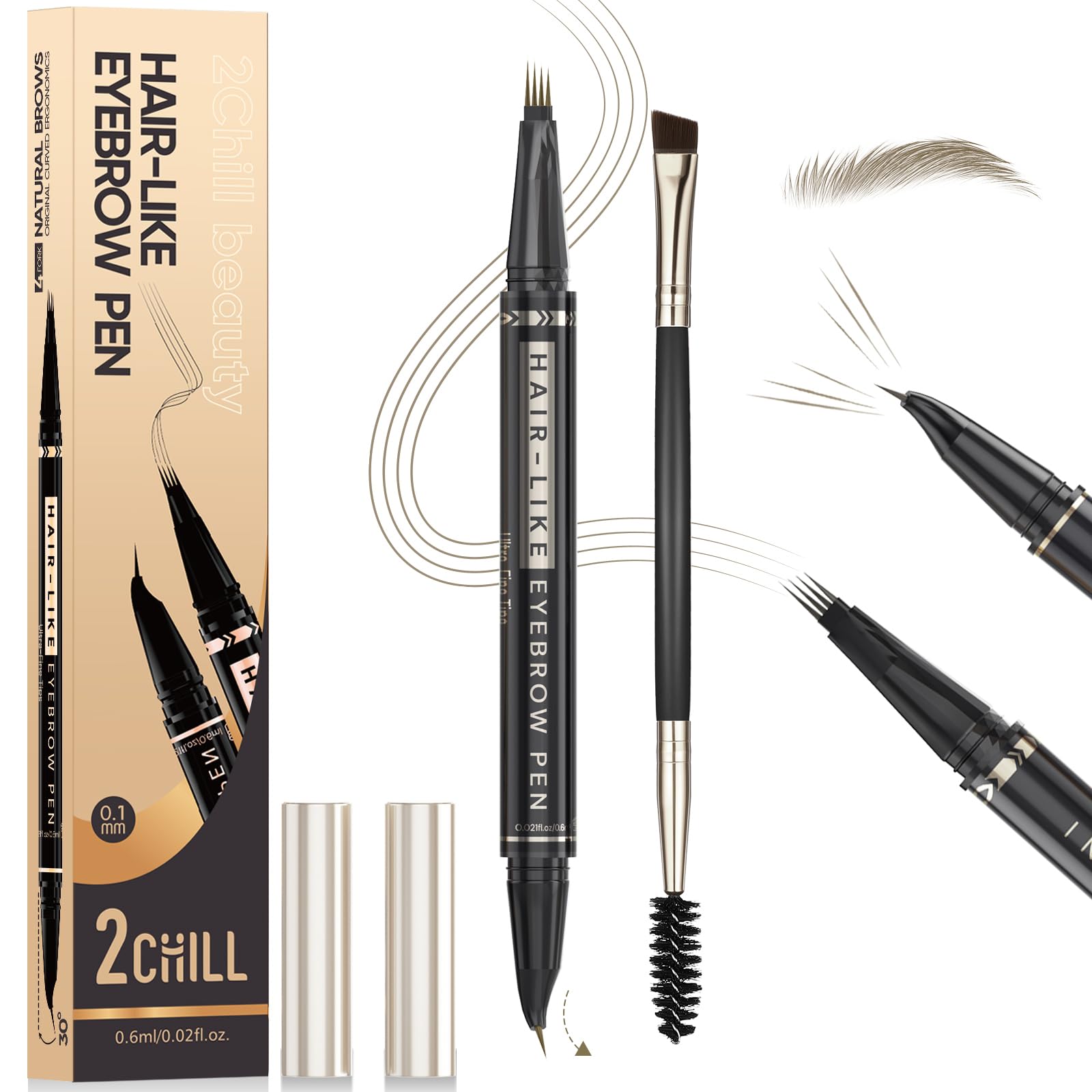 2CHILL 30° Curved Eyebrow Pencil, Magic 2 in 1 Eyebrow Pen Pro, Waterproof Eye Brow Pen with 4 Tips, Vivid Microblading Brow Pencils for Women, Last All Day Makeup (03 Dark Brown)