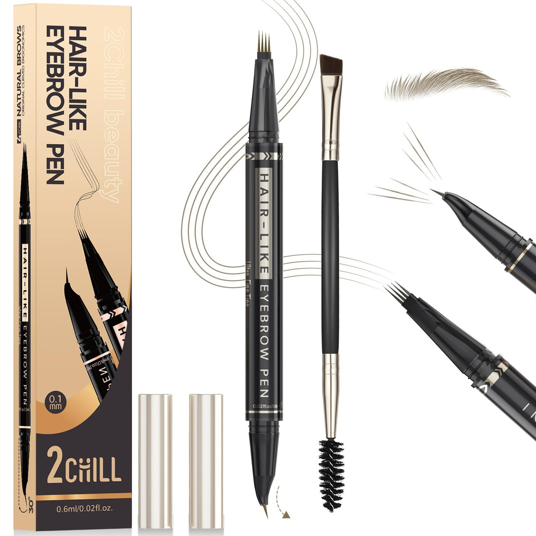 2CHILL 30° Curved Eyebrow Pencil, Magic 2 in 1 Eyebrow Pen Pro, Waterproof Eye Brow Pen with 4 Tips, Vivid Microblading Brow Pencils for Women, Last All Day Makeup (03 Dark Brown)