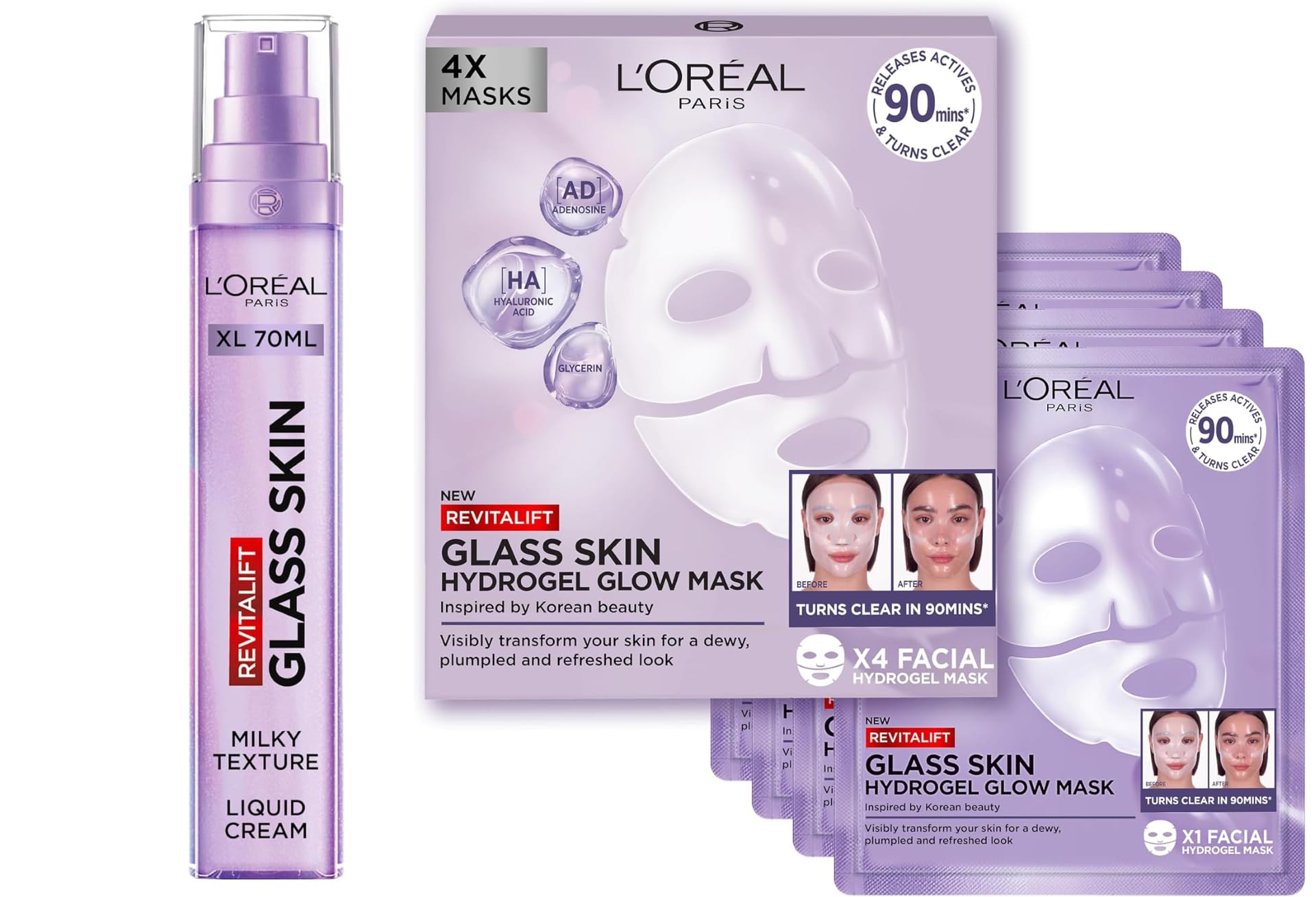 L'Oreal Paris Glass Skin Korean Face Mask 4 Pcs, Revitalift Filler Hydrogel Glow Mask, Korean Inspired Skincare, Visibly Transform Skin, Dewy, Plumped and Refreshed Look
