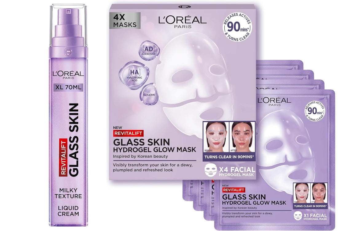 L'Oreal Paris Glass Skin Korean Face Mask 4 Pcs, Revitalift Filler Hydrogel Glow Mask, Korean Inspired Skincare, Visibly Transform Skin, Dewy, Plumped and Refreshed Look