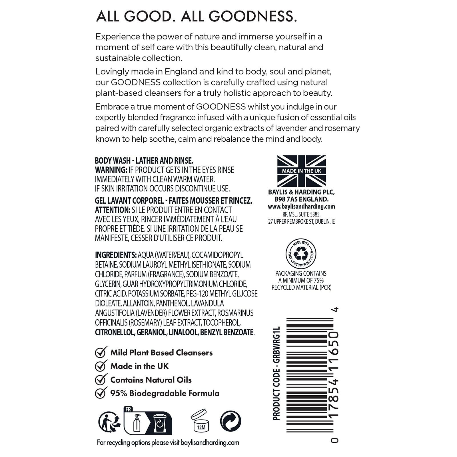 Baylis & Harding Goodness Rose & Geranium Natural Body Wash, 500 ml (Pack of 3) - Vegan Friendly