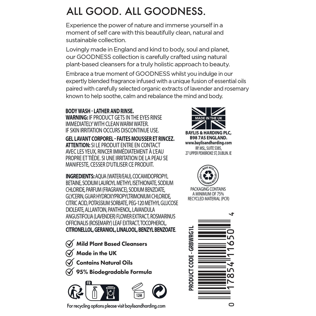 Baylis & Harding Goodness Rose & Geranium Natural Body Wash, 500 ml (Pack of 3) - Vegan Friendly