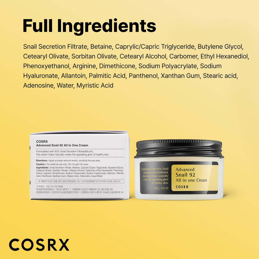 COSRX Advanced Snail 92 All in One Cream Korean Snail Mucin Face Cream & Gel Moisturiser for Dry Sensitive and Anti Aging Skin, Daily Soothing and Moisturising Cream, Korean Skincare 100g