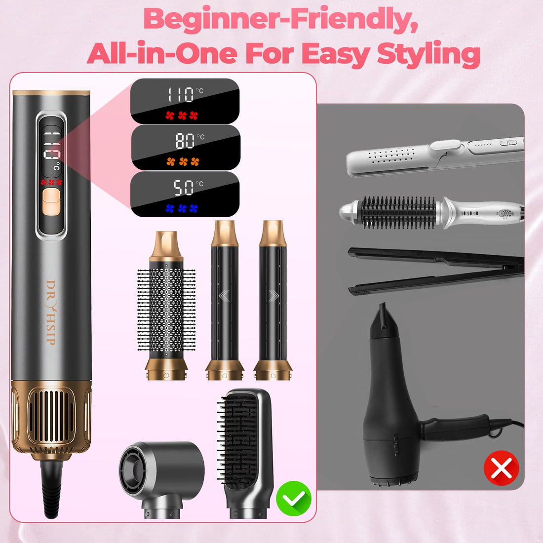 5 in 1 Hair Styler for Woman, Air Curling Wrap, Drying, Curling, Straightening & Volumizing, Hot Air Curler Dryer Brush Tool Set, Curl Styling Tools - Blush Halalzen