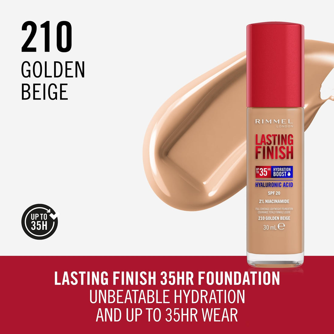 Rimmel Lasting Finish 35Hr Foundation 200 Soft Beige, Full Coverage, Hydrating, SPF20, Hyaluronic Acid, Vitamin E, 2% Niacinamide, All Day Wear, Vegan, Cruelty Free Halalzen