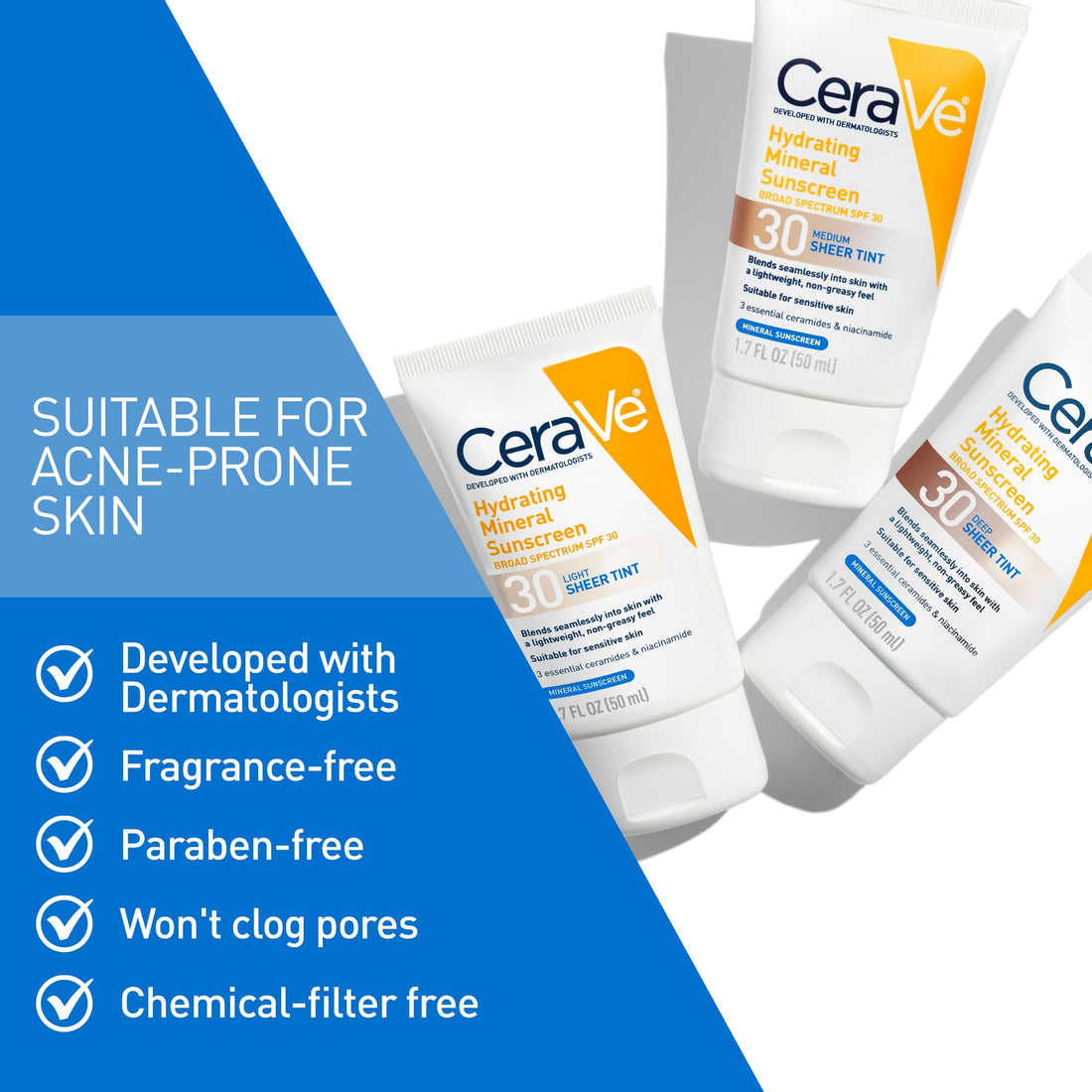 CeraVe Hydrating Mineral Sunscreen SPF 30 with Sheer Tint, Tinted Mineral Sunscreen with Zinc Oxide & Titanium Dioxide, Blends Seamlessly For Healthy Glow, Medium, 1.7 Fluid Ounce Halalzen