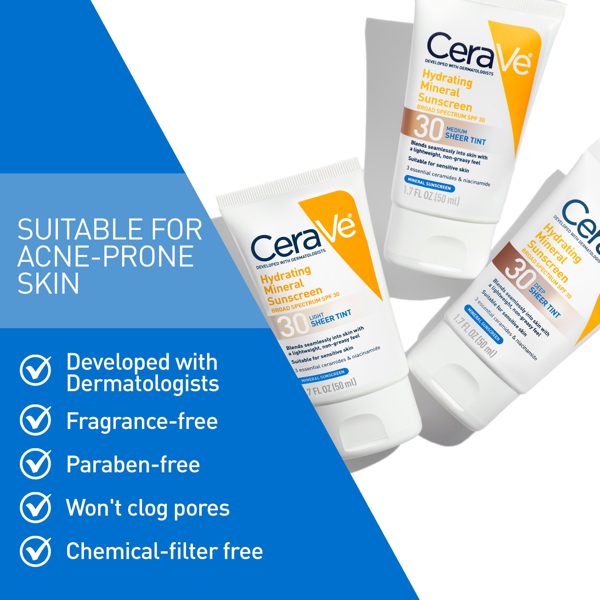 CeraVe Hydrating Mineral Sunscreen SPF 30 with Sheer Tint, Tinted Mineral Sunscreen with Zinc Oxide & Titanium Dioxide, Blends Seamlessly For Healthy Glow, Medium, 1.7 Fluid Ounce Halalzen