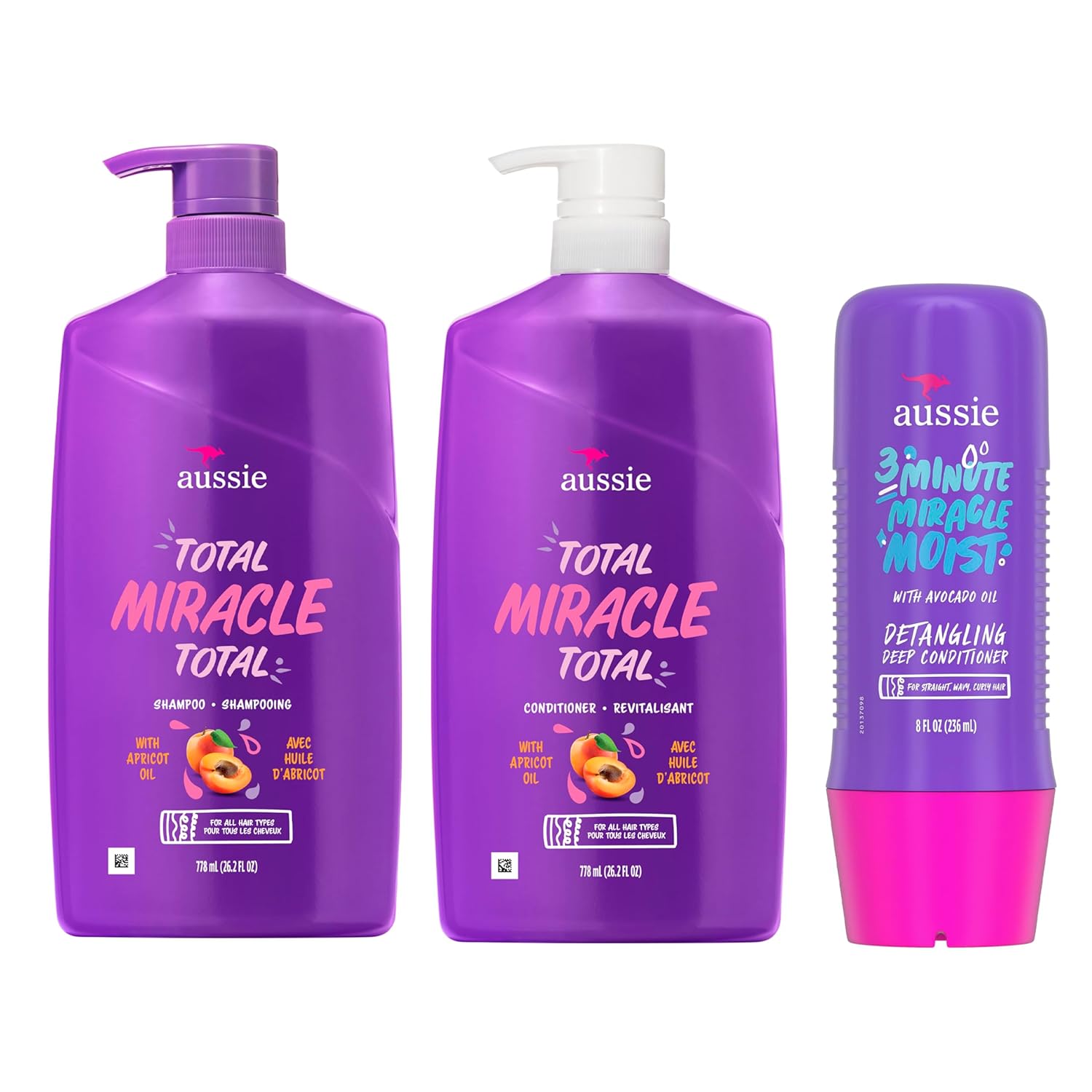 Aussie Total Miracle Hair Care Bundle: Shampoo, Conditioner, and 3 Minute Deep Treatment with Apricot & Macadamia Oil, Paraben-Free for Damaged Hair, 26.2 & 8 Fl Oz Halalzen