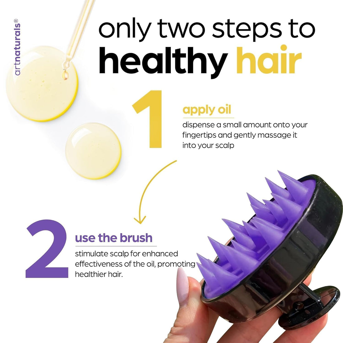 Artnaturals Organic Rosemary Castor Hair Oil + Massager Hair Growth Set Huile de croissance capillaire 120 ml avec huile de noix de coco et d'olive pour cheveux secs, abîmés et pointes fourchues